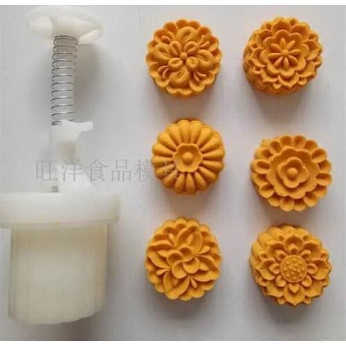 50g Round Chinese flower design Mooncake mung bean cake Molds mould with 6 Stamps plastic hand pressure , 50sets/lot