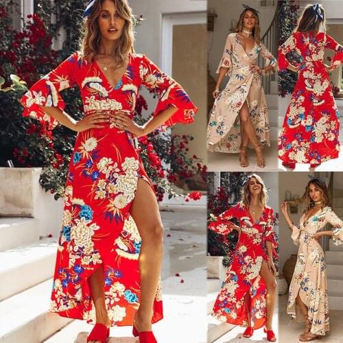 Summer Fashion Womens Dresses Flared Sleeve Printed Dress Long Bohemian Beach Gowns Girls Floor Length Solid Casual Dress