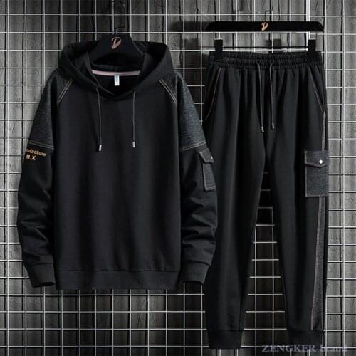 Mens autumn sweater suit plus size trendy pocket hooded long-sleeved trousers sports two-piece suit 8x mens joggers set