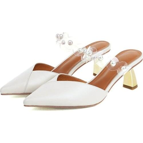 Brand 2021 Fashion Mules Pearl Women High Heels Sandals Women Pointed Toe Slip on Flip Flops Shoes Woman Slippers