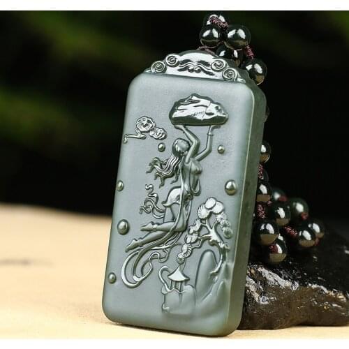 Natural jade A hetian jade handcarved nuwa Patching the Sky black jade green jade pendant jade necklace jadeite jade jewelry