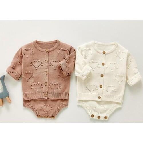2021 Autumn New Baby Girl Pompom Sweater Cute Heart Overalls For Infant Boys Knit Cardigan Coat Toddler Cotton Knitted Jacket