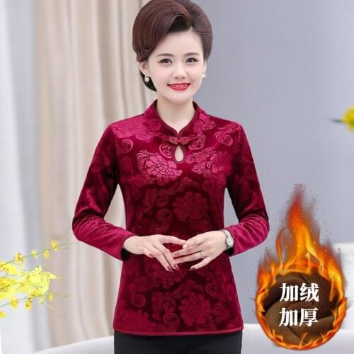 2021 Autumn Winter Warm Velvet Thick Women T-Shirts Tops Middle Age Mother Bottom Shirt Long Sleeve Slim Flower Pullover 5XL