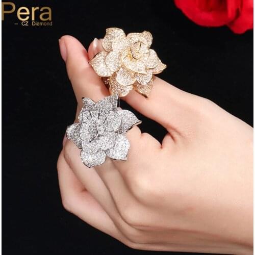 Pera Luxury Big Statement Leaf Cluster Shape for Women Wedding Cubic Zirconia Dubai Gold Bridal Finger Rings Jewelry Gift R091
