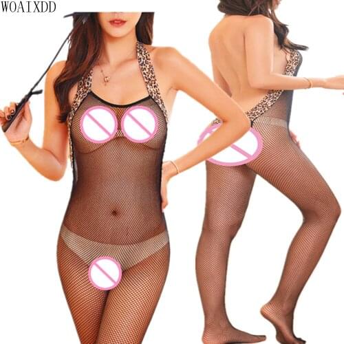 Sexy Women Sheer Opaque Halter Open Crotch Leopard Bodystocking Low Cut Back Lace Trim Body Stocking Bodysuit Erotic Lingerie