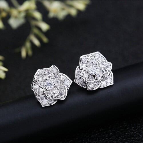 Elegant Flower Lab Diamond Stud Earring Real 925 sterling silver Jewelry 24K Gold Party Wedding Earrings for Women Bridal