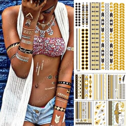 Waterproof Temporary Tattoo Sticker Black Chain Bracelet Gold Metallic Flash Tatoo Boho Eagle Feather Jewelry Glitter Body Art
