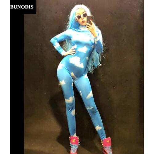 ZD313 Women Stage Wear Blue Sky White Clouds Sexy Jumpsuit 3D Printed Bodysuit Nightclub Party Celebrate Show Dancer Singer