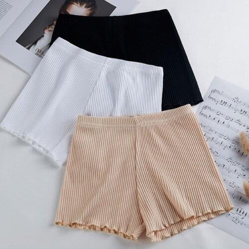 Ladies Women Summer Safety Pants Thread Ribbed Striped Seamless Stretchy Underpants Solid Color Ruffled Agaric Hem Boxer Shorts