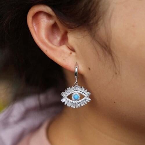 2019 turkish evil eye jewelry baguette cubic zirconia CZ gold color women girl gift blue fire opal Gem sparking stone earring