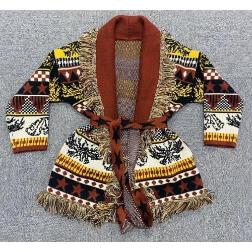 Spring 2021 Fashion Womens jacquard tassels cashmere cardigans Top High quality Belt Knitted overcoat C621