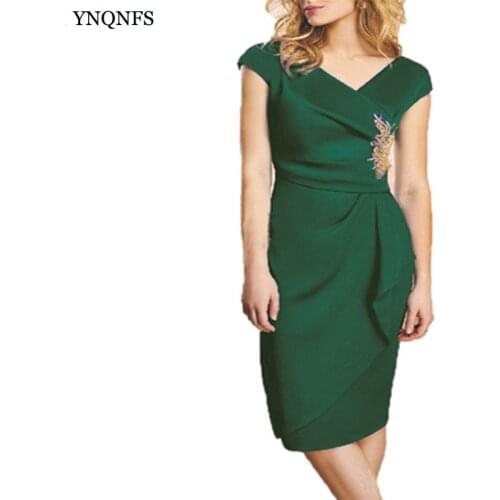 YNQNFS Elegant Vestido Robe Cocktail Dress Satin Knee Emerald Dress Party mother of the bride dress