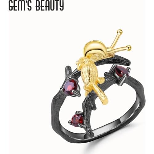 GEMS BEAUTY 925 Sterling Silver 18K Gold Filled For Women Ring Snail Bird Natural Garnet Handmade Adjustable Open Ring