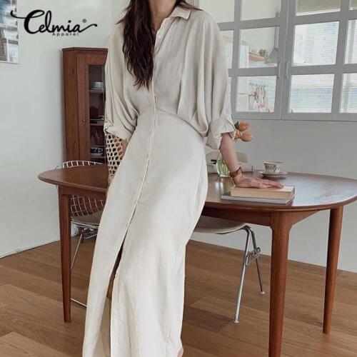 Women 2021 Fashion OL Shirt Dress Celmia Elegant Pleated High Waist Maxi Vestidos Casual Loose Long Sleeve Solid Dress