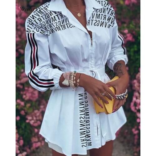 Noworry Office Lady Fashion Turn-Down Collar Shirt Dress Elegant Long Sleeve Letter Print Dress Autumn Mini Dresses For Women
