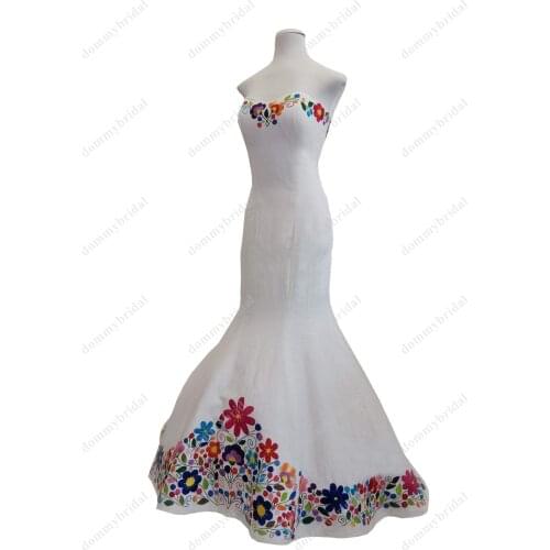 Fairy Colorful Flowers Embroidery Mermaid Mexicana Style Wedding Dresses Bridal Gowns for Women Strapless Satin White 2021 Cheap