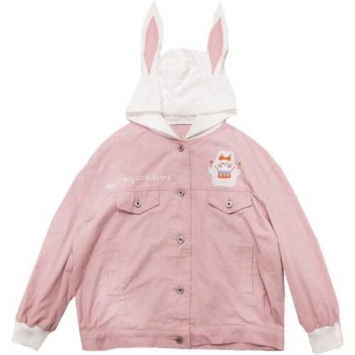 Winter Japanese Cute Bunny Printed Long Sleeve Hooded Coat Harajuku Fashion Soft Warm Button Closure Loose WindBreaker For Women