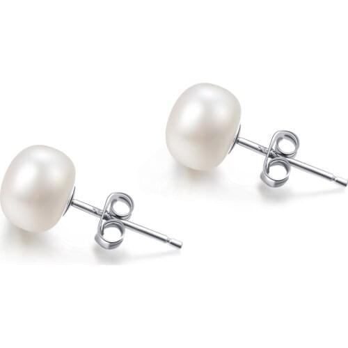 6-7mm 925 Sterling Silver Simple Button Freshwater Cultured Pearl Stud Earrings Real Fresh Water Pearl Earrings
