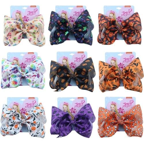 Halloween 7 Inch Large Hair Bows for Girls with Clips Pumpkin Printed Ribbon Bowknot Handmade Party Hairgrips for Kids JOJO Bows