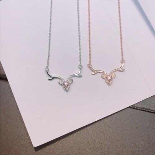 S925 Sterling Silver Zircon Cross Chain Pendant Necklace Rose Gold Color Cute Deer Animal Solitaire Romantic Jewelry Wedding