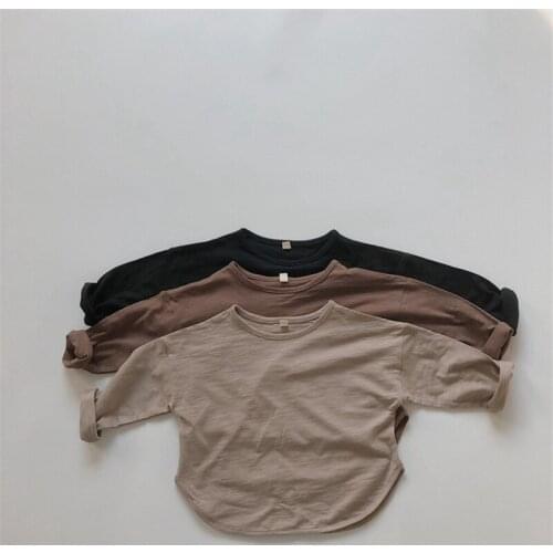 Children Long Sleeve T shirts Spring Autumn Boys Girls Retro Slubby Cotton Loose Tees Kids Casual Bottoming Tops