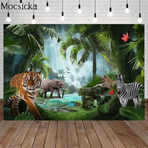 Primeval Forest Wild Animal Tiger Green Backdrop For Photography Kids Safari Jungle Birthday Decoration Party Backgrounds Photo