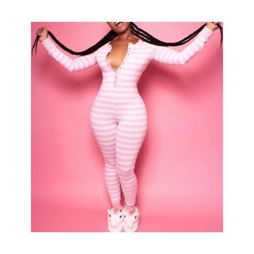 Factory Cheap Custom Print Logo Pyjamas Long Sleeve Home Nightwear Striped Sleepwear Bodysuits Jumpsuits Onesie