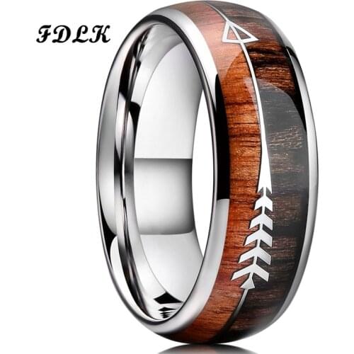 FDLK 8MM Mens Fashion Stainless Steel Ring Koa Wood Inlaid Arrow Engagement Band Wedding Jewelry Gift For Him