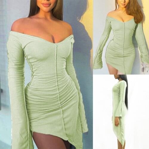 Hot kf-Womens Fashion Sexy Flare Sleeve Low Cut Big Round Neck Slim Dress Green