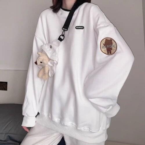 HOUZHOU Korean Style White Hoodie Kawaii Harajuku Oversize Pullover Women Cute Black Sweatshirt Fashion Streetwear Tops with Bag