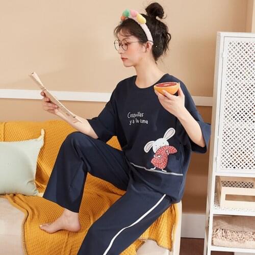 Cool Girl Cartoon Print Short Sleeve Sleepwear Suits Loungewear Nightie Female Summer Women Cotton Comfortable Cute Pajamas Set