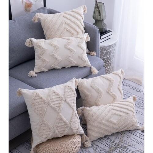 Tassels Cushion Cover 45x 45cm/30x50cm Beige Pillow Cover Handmade Square Home Decoration for living Room Bed Room Zip Open