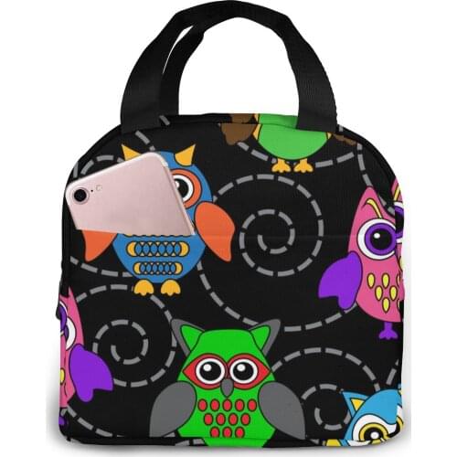 Curls And Cartoon Owls Lunch Food Box Bag Fashion Insulated Thermal Food Picnic Lunch Bag for Women kids Men Cooler Tote Bag