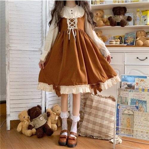 Japanese Lolita Sweet Lace up Bowknot Autumn Long-sleeved Dress Sweet Cute Color Brown vintage mid-length dress
