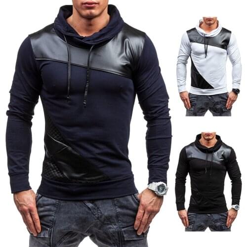 Bluzy Black PU Patchwork Mens Fitness High Colla Sweat Men Gym Running Sweatshirts Tracksuit Casual Men Clothing Hoome Techwear