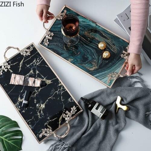 Nordic Agate Marble Texture Tray Gold-plated Glass Fruit Bowl Dessert Tray Jewelry Storage Trays Decoration Golden Handle