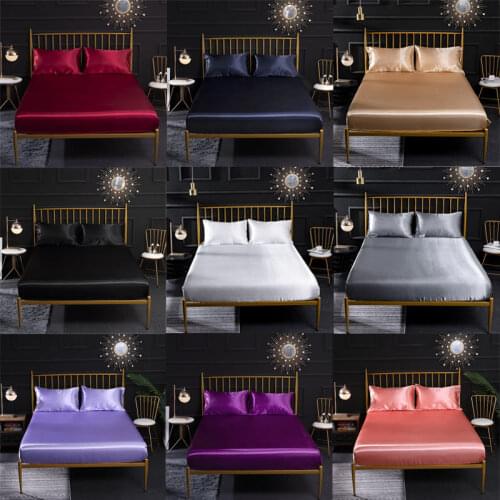 Bedsheet Imitation Silk Satin Bedding Fitted Sheet Mattress Cover Set 100% Bed Linen Pillow Case Single Double King Queen