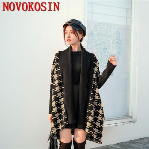 2021 Female Houndstooth Knitted Scarf Winter White With Black Sequin Poncho Women Long Sleeve England Coat Air Conditioner Cape
