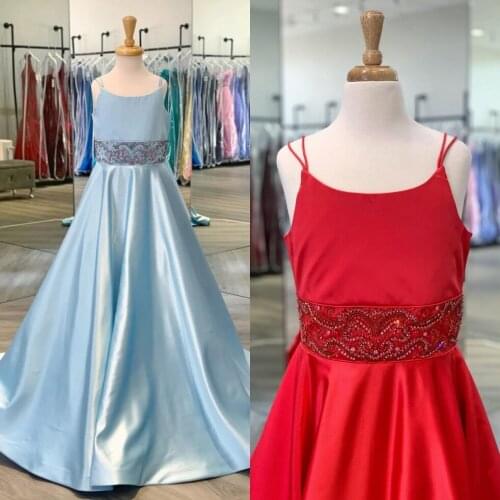 Light Sky Blue Pageant Dress for Little Girl 2020 A-Line Spaghetti Neck Red Satin Long Girl Formal Party Birthday Wear Gowns
