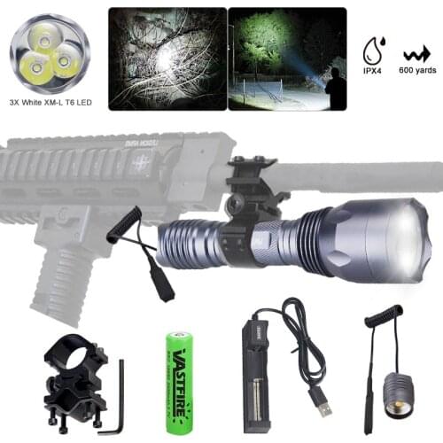 2000 Lumen Tactical Flashlight USB Rechargeable Torch with Flashlight Mount Clip Remote Switch Outdoor Hunting Weapon Light
