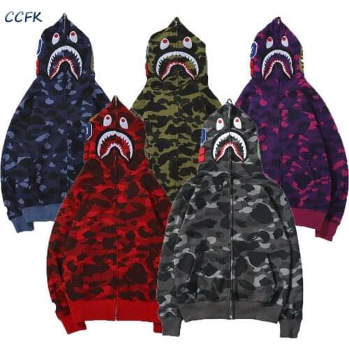 Harajuku Zipper Hoodie Women Japanese Street Style Hip Hop Y2k Couple Top Shark Camouflage Jacket Thin Loose Casual Sweatshirt