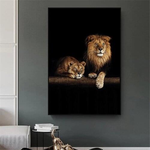 African Wild Lion Family Canvas Art Posters and Prints Animals in the Dark Canvas Paintings on the Wall Art Animals Pictures