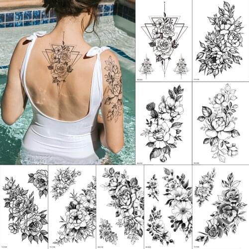 Waterproof Temporary Black Sketchs Flowers Tattoo Stickers Flash Fake Body Tattoos for Women Body Art Arm Fake Sleeve Tatoo