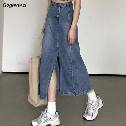 Split Skirts Women Blue Denim Button Slender Retro High Waist A-line Students Korean Style Hipster All-match Nice Quality Female