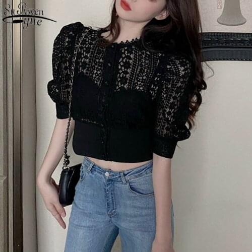 Lace Hollow Out White Shirt Women Summer 2021 Tops Puff Sleeve Korean Sexy Blouses Woman New Fashion Solid Button Shirts 13607