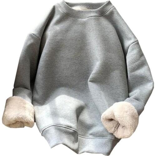 ZuoLunOuBa New Woman Pullover Plus Velvet Loose Korean Winter Solid High Quality Lamb Wool Coat O-neck Gray Female Sweatshirt