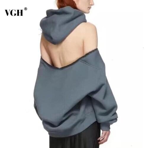 VGH Casual Womens Sweatshirts Hooded Long Sleeve Backless Off Shoulder Sweatshirts Female Autumn Fashion Clothing 2020 New