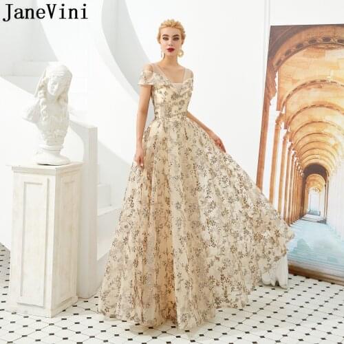 JaneVini Sparkly Sequined Prom Dress with Glitters Luxury Long Tulle V Neck Women Formal Party Gowns Robe vestido fiesta 2020