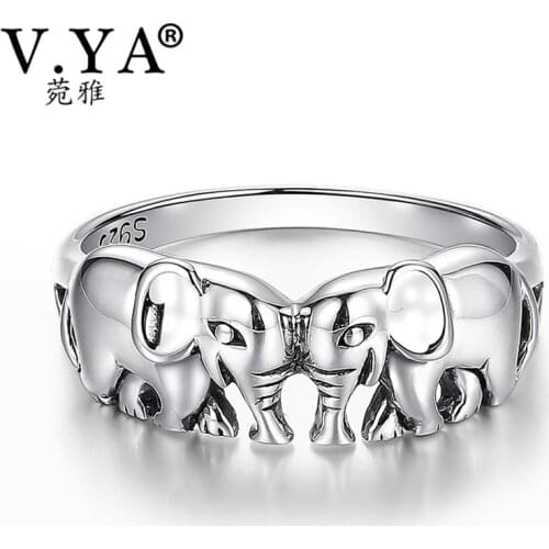 V.YA Cute Animal Elephant Rings 925 Sterling Silver Vintage Style S925 Solid Silver Finger Ring Fashion Women Jewelry US Size