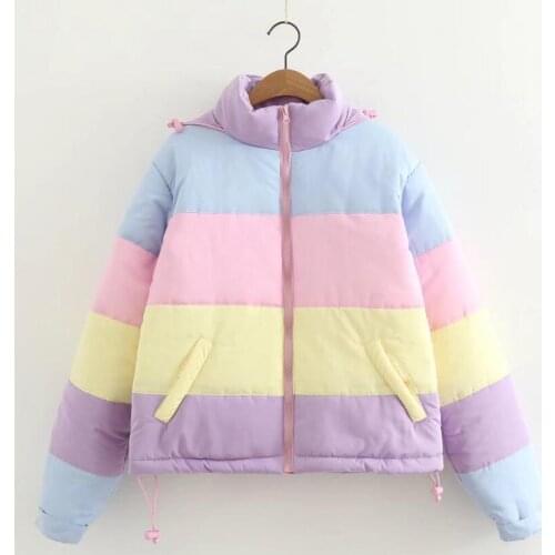 Winter girls vintage Macaron Rainbow Splicing Color hooded warm coat female